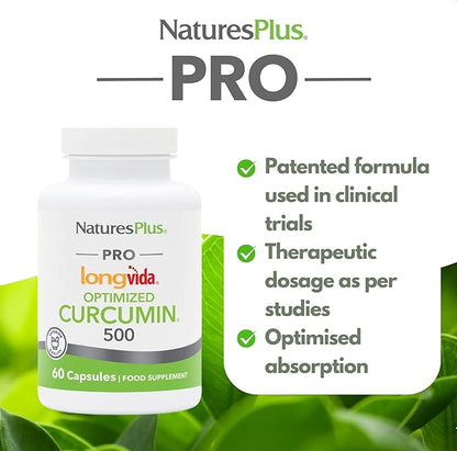 Natures Plus PRO Longvida Curcumin 500 mg - 60 Capsules - Promotes Healthy Free Radical Protection - Non-GMO, Vegan & Gluten Free - 60 Servings