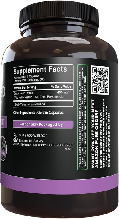 Pure Original Ingredients Grape Seed Extract (365 Capsules) No Magnesium Or Rice Fillers, Always Pure, Lab Verified