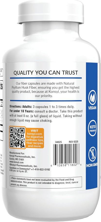 Konsyl Daily Psyllium Fiber Capsules - Contains 1500mg of All-Natural Psyllium Husk Powder per Serving - Supports Digestive Health and Weight Management Goals+ (500 Count (Pack of 1), Psyllium Husk)