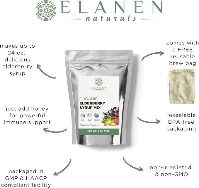 Organic Elderberry Syrup Kit, Makes up to 24 oz, Includes Natural Cotton Brew Bag, USDA Certified Organic Dried Elderberries and Immune Support Herbs, Bulk Kit, 4 oz. (113g)