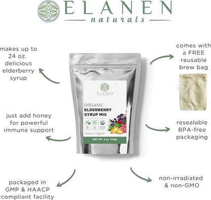 Organic Elderberry Syrup Kit, Makes up to 24 oz, Includes Natural Cotton Brew Bag, USDA Certified Organic Dried Elderberries and Immune Support Herbs, Bulk Kit, 4 oz. (113g)