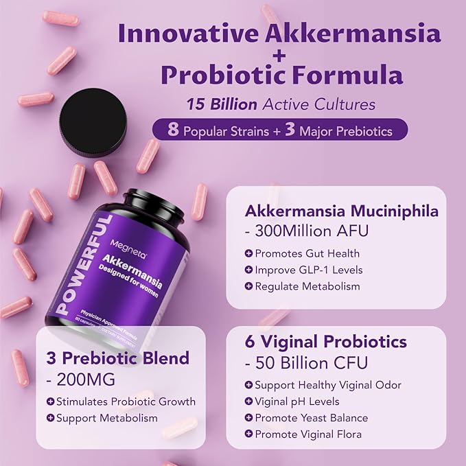 Vaginal Probiotics Prebiotics with Akkermansia 50 Billion CFU Probiotics for Viginal Health, 300 Million AFU Live Strain for Gut Health - 60Caps