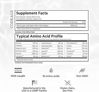 Codeage Marine Collagen Powder - Wild-Caught Hydrolyzed Fish Collagen Peptides - Type 1 & 3 Collagen Protein Supplement - Amino Acids for Skin, Hair, Nails - Paleo Friendly, Non-GMO, 15.87 Ounces