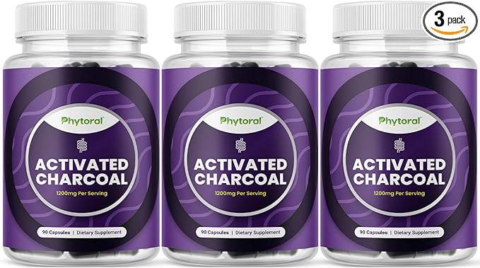 Phytoral Activated Charcoal Pills Detox & Cleanse - Purifying Coconut Capsules with 1200 mg Per Serving for Bloating Relief - Active Detoxification Supplement for Body & Gut Health - 90 Count x3 Pack