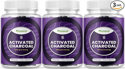 Phytoral Activated Charcoal Pills Detox & Cleanse - Purifying Coconut Capsules with 1200 mg Per Serving for Bloating Relief - Active Detoxification Supplement for Body & Gut Health - 90 Count x3 Pack