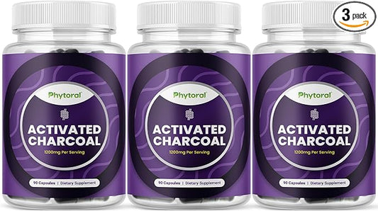 Phytoral Activated Charcoal Pills Detox & Cleanse - Purifying Coconut Capsules with 1200 mg Per Serving for Bloating Relief - Active Detoxification Supplement for Body & Gut Health - 90 Count x3 Pack