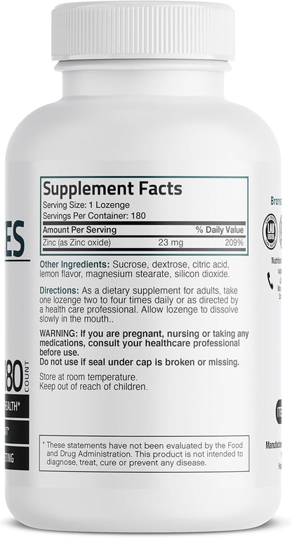 Bronson Zinc Lozenges Antioxidant & Immune Support Supplement Lemon Flavored, 180 Chewable Tablets