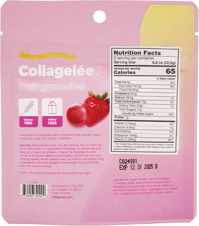 Collagelee Collagen Gummies - Marine Collagen Supplements with Vitamin C, Hyaluronic Acid, & Biotin for Moisturized, Youthful, Plump Skin - Korean Skincare (Strawberry)
