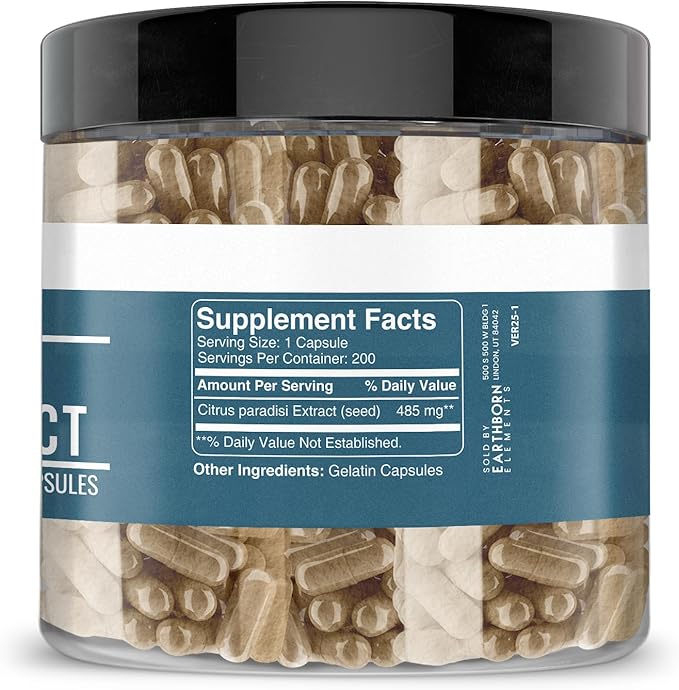 Earthborn Elements Grapefruit Seed Extract 200 Capsules, Pure & Undiluted, No Additives