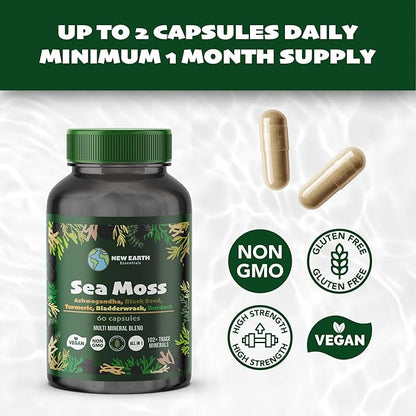 Sea Moss with Black Seed Oil, Ashwagandha, Turmeric, Bladderwrack, Burdock Root, Manuka Honey, Vitamin C & D3, Apple Cider Vinegar, Dandelion Root, Yellow Dock Root, Elderberry Fruit, Chlorophyll