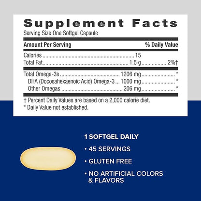 GNC Triple Strength DHA 1000 Omega 3 Supplement, 1000mg DHA, Supports Brain Development and Healthy Vision, 45 Softgels