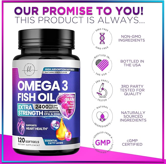 Omega 3 Fish Oil Triple Strength 2400 mg Rapid Release Softgels, Omega-3 Supplements, Natural Heart Health Brain & Joint Support - Fatty Acids with EPA & DHA - Fish Oil Supplement - 120 Softgels
