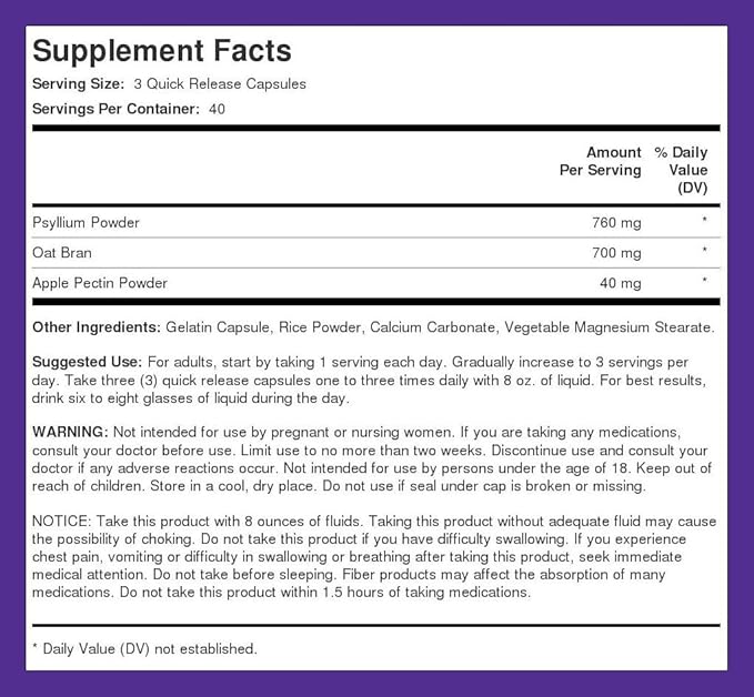 Piping Rock Fiber Complex Supplement | 1500mg | 120 Capsules | Triple Action Pills | with Psyllium, Oat Bran, and Apple Pectin | Non-GMO, Gluten Free