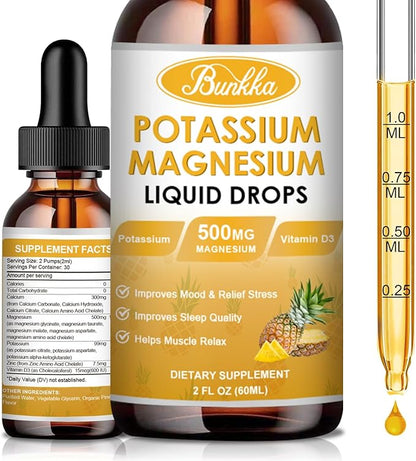 Potassium Magnesium Supplement - High Absorption Magnesium Complex 500mg & Potassium 99mg Plus Calcium, Vitamin D3, Zinc, Sugar Free Drops Supplement for Leg Cramps, Energy, Metabolism, for Adult