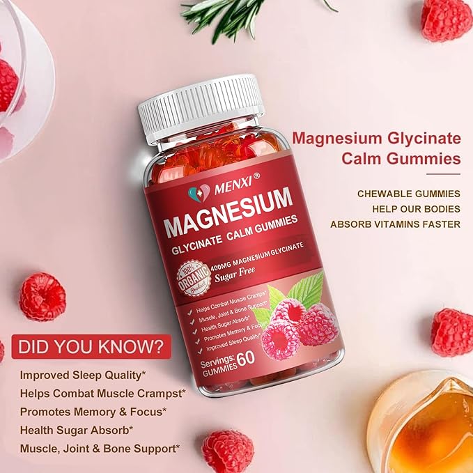 Magnesium Gummies 600mg per Serving-Magnesium Glycinate 400mg and Magnesium Malate 200mg,Sugar Free Magnesium Potassium Supplement for Calm Mood, Muscle, Bone & Sleep Support,60 Raspberry Gummies