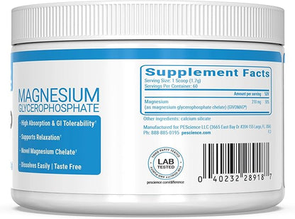 PEScience Mag-GP, Magnesium Glycerophosphate Chelate, 60 Servings, High Absorption, Improved Sleep, Stress Relief & Cramp Support