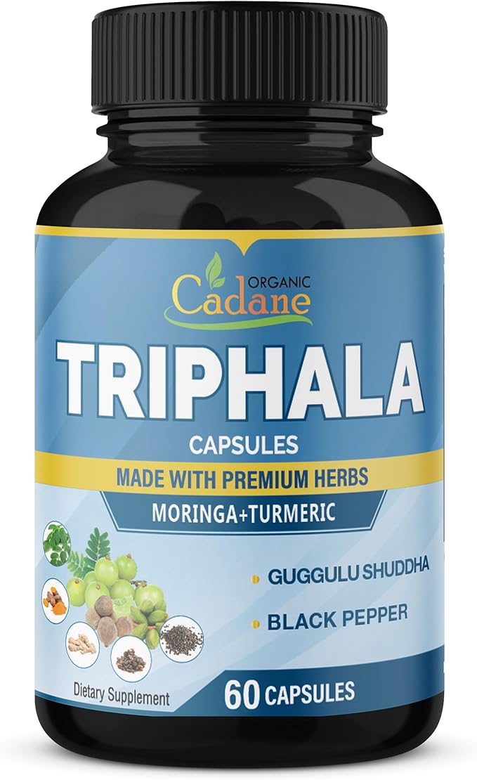 Organic Cadane Triphala Extract Capsules - 6 Premium Ingredients Complex with Turmeric, Moringa, Guggul, Ginger, and Black Pepper - 60 Caps for 2 Months Supply