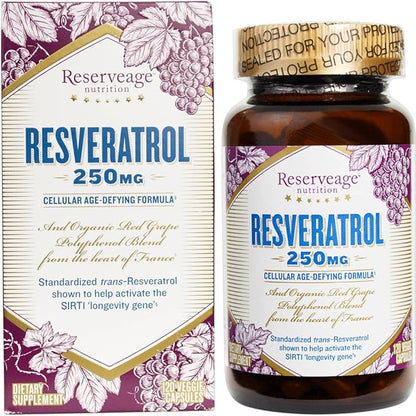 Reserveage Nutrition Beauty Resveratrol 250 mg - Best Trans-Resveratrol - Vegan Antioxidant Supplement for Cellular & Heart Health - Aids Healthy Aging & Immune Health - 120 Vegetable Capsules