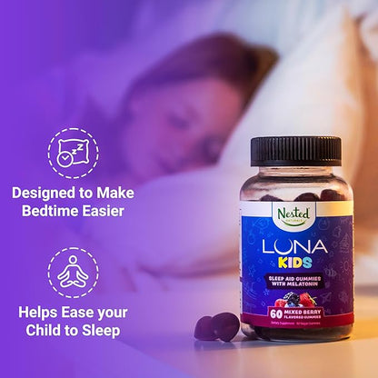 Nested Naturals Luna Kids Sleep Gummies - Non-Habit Forming Kids Melatonin Gummy with Valerian Root, Chamomile, and Lemon Balm - Children's Melatonin Sleep Aid - Mixed Berry, 60 Vegan Gummies
