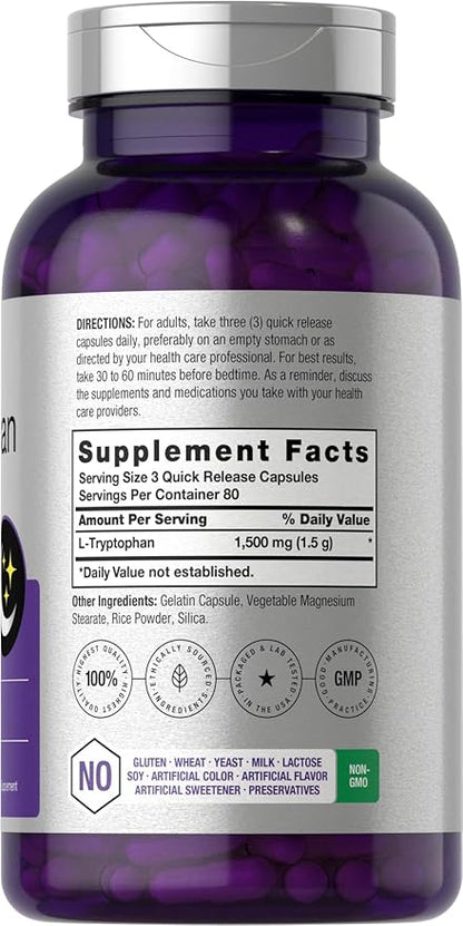 Horbäach L Tryptophan 1500mg Capsules | 240 Count | Nighttime Formula | Non-GMO, Gluten Free Supplement