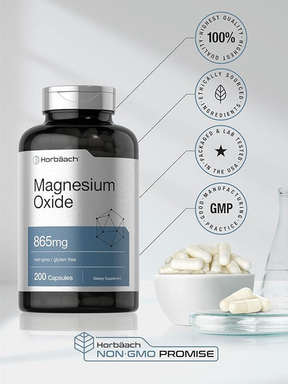 Horbäach Magnesium Oxide 865 mg | 200 Capsules | Non-GMO and Gluten Free Supplement