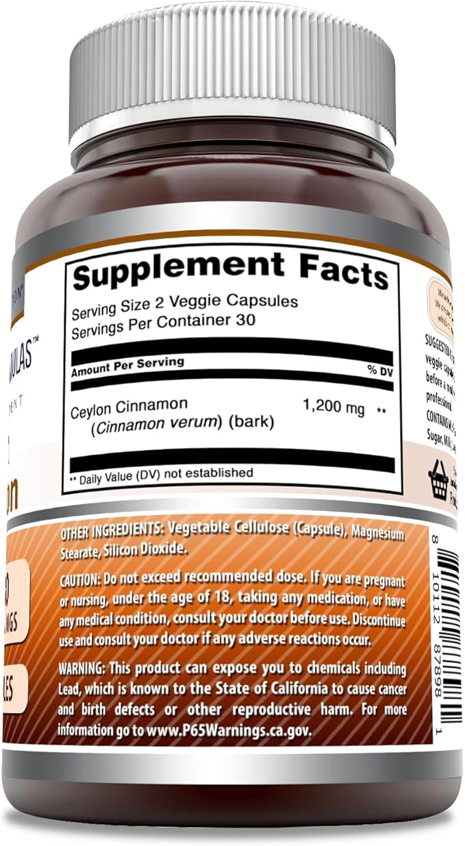 Amazing Formulas Ceylon Cinnamon 1200 Mg Per Serving | Veggie Capsules Supplement | Non-GMO | Gluten Free | Made in USA (1 Pack, 60 Count)