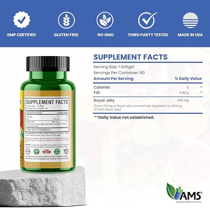 America Medic & Science Royal Jelly 500mg (60 softgels) | Superfood of The Queen Bee | Dietary Supplement for Women | Promotes Immunity and Fertility | Supports Skin, Liver, Heart, and Brain Health
