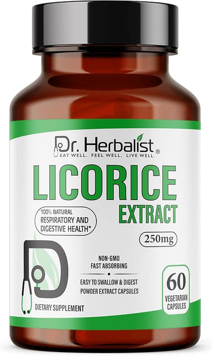 Dr. Herbalist Licorice Root Extract 250mg | 60 Capsules | 10:1 Glycyrrhiza Glabra Extract | Supports Overall Well-Being