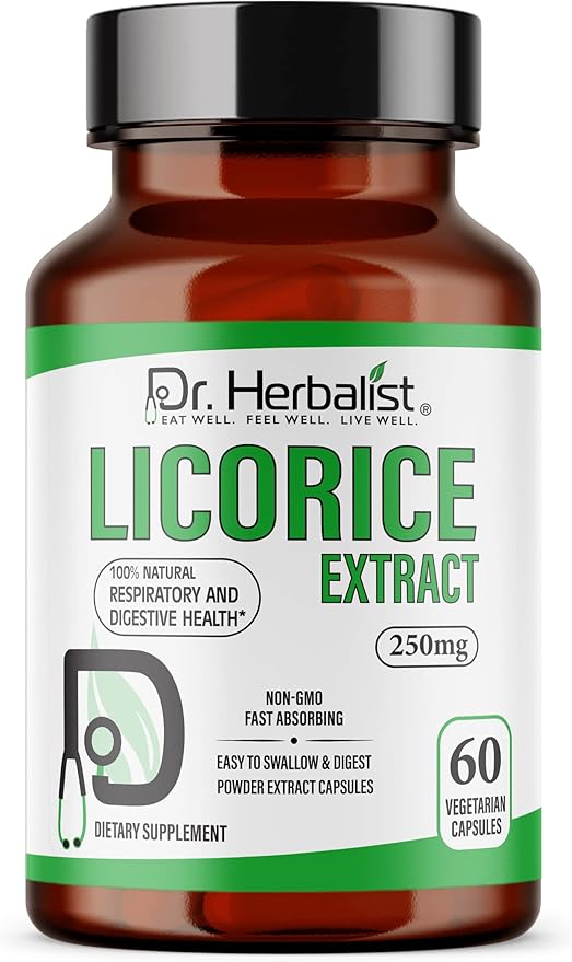 Dr. Herbalist Licorice Root Extract 250mg | 60 Capsules | 10:1 Glycyrrhiza Glabra Extract | Supports Overall Well-Being