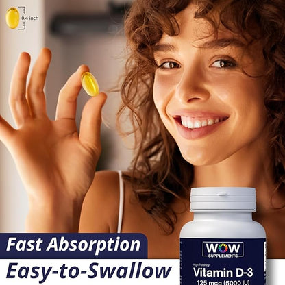 WOW Supplements Vitamin D3 5000 IU Softgels, 125 mcg - Vitamin D3 5000IU Supplement for Strong Bones and Immune Support - Non-GMO, Gluten Free Vitamin D 5000 IU - VIT D3 5000 IU Softgels - 120 Count