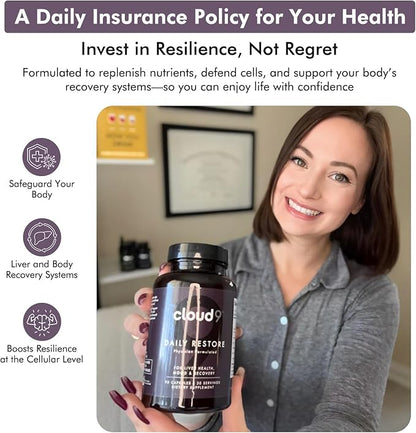 Cloud9 Daily Restore - Liver Support Supplement for Nutrient Replenishment & Cellular Defense - Energy Supplement with Essential Vitamins for Mental Health Support & Recovery After Drinking