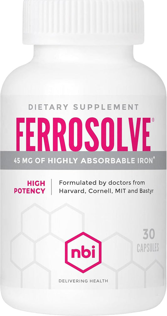 FerroSolve, Best Absorption Iron Supplement 45 mg | High Potency | GI Safe | 30ct Veggie Capsules