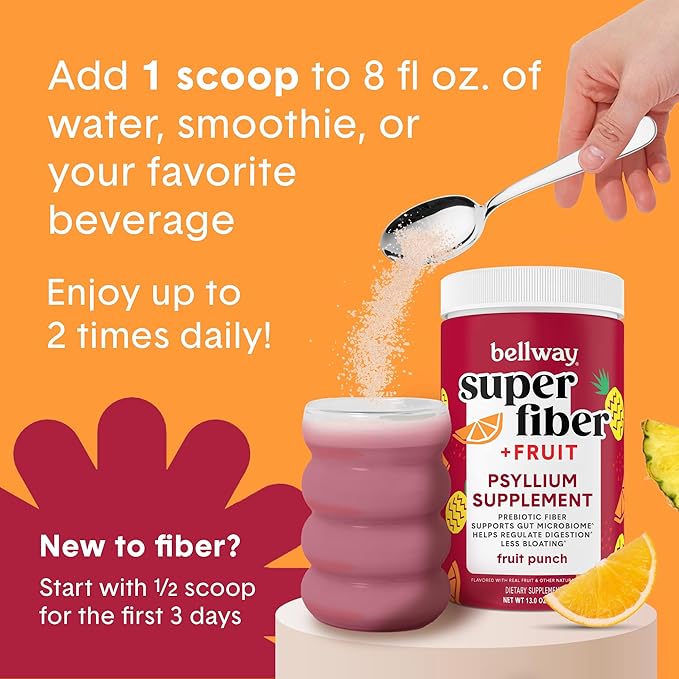 Bellway Super Fiber Powder + Fruit, Sugar Free Organic Psyllium Husk Powder Fiber Supplement for Regularity, Bloating Relief & Gut Health, Non-GMO, Plant-Based, Fruit Punch (50 Servings)