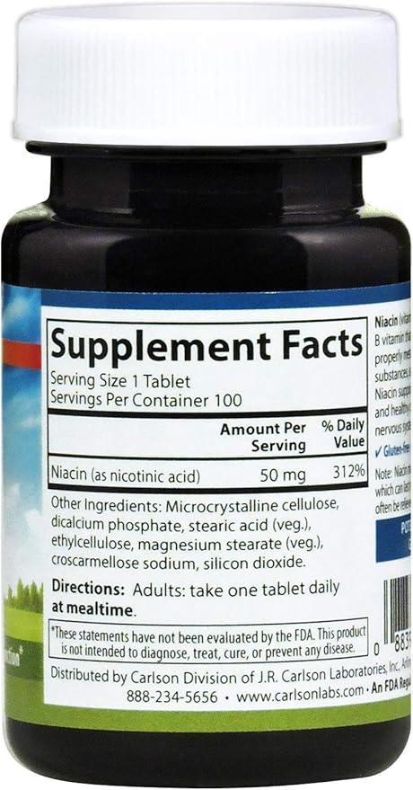 Carlson - Niacin, 50 mg, Supports Cholesterol Metabolism, Energy Production, Heart Health, Nerve Function, 100 Tablets
