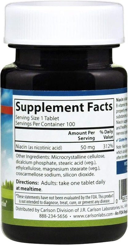 Carlson - Niacin, 50 mg, Supports Cholesterol Metabolism, Energy Production, Heart Health, Nerve Function, 100 Tablets