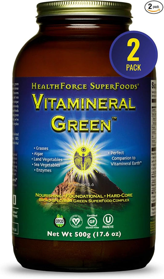 HealthForce SuperFoods Vitamineral Green - Mineral Supplement for Immune & Thyroid Support - Green Powder Supplement with Ingredients from The Land - Gluten-Free & Vegan - 500 Grams (Pack of 2)