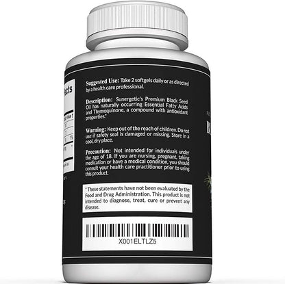 Sunergetic Premium Black Cumin Seed Oil Softgels – 1,000mg of Black Seed Oil Per Serving – Non GMO Cold Pressed Nigella Sativa – Includes Thymoquinone & Omega’s - 90 Softgels