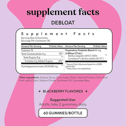 Lemme Debloat - Digestive & Gut Health Gummies with 2 Clinically Studied Probiotics & Prebiotic, 3 Billion CFUs - Vegetarian, Gluten Free, Non GMO, BlackBerry Flavor (60 Count) (Pack of 2)