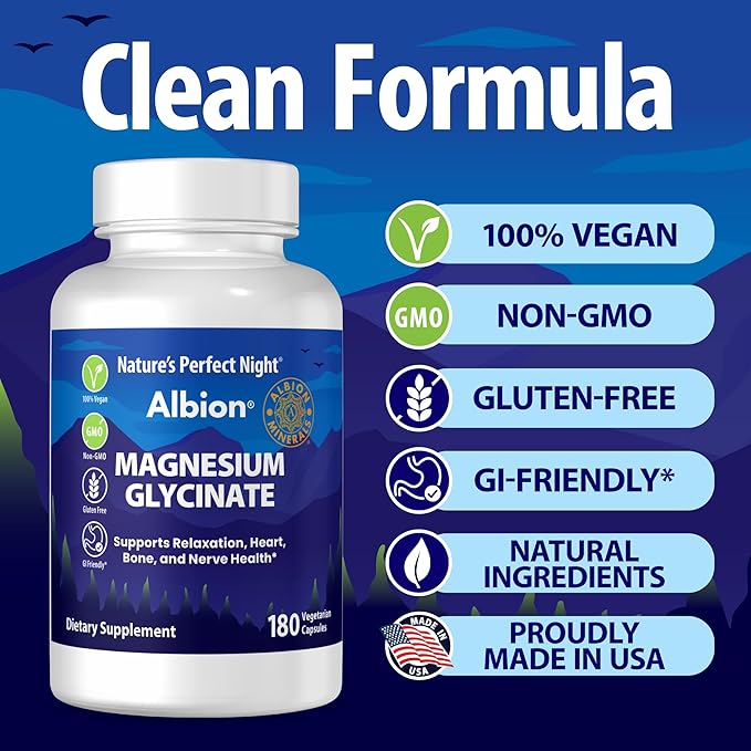 Nature’s Perfect Night | Magnesium Glycinate | 180 Veggie Caps | 100% Chelated | Albion Gold Medallion | GI Friendly | Non-GMO | Gluten Free | Supports Relaxation, Heart, Bone, and Nerve Health |