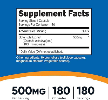 Nutricost Gotu Kola 500 MG, 180 Capsules - Vegetarian Capsules, Gluten Free, Non-GMO