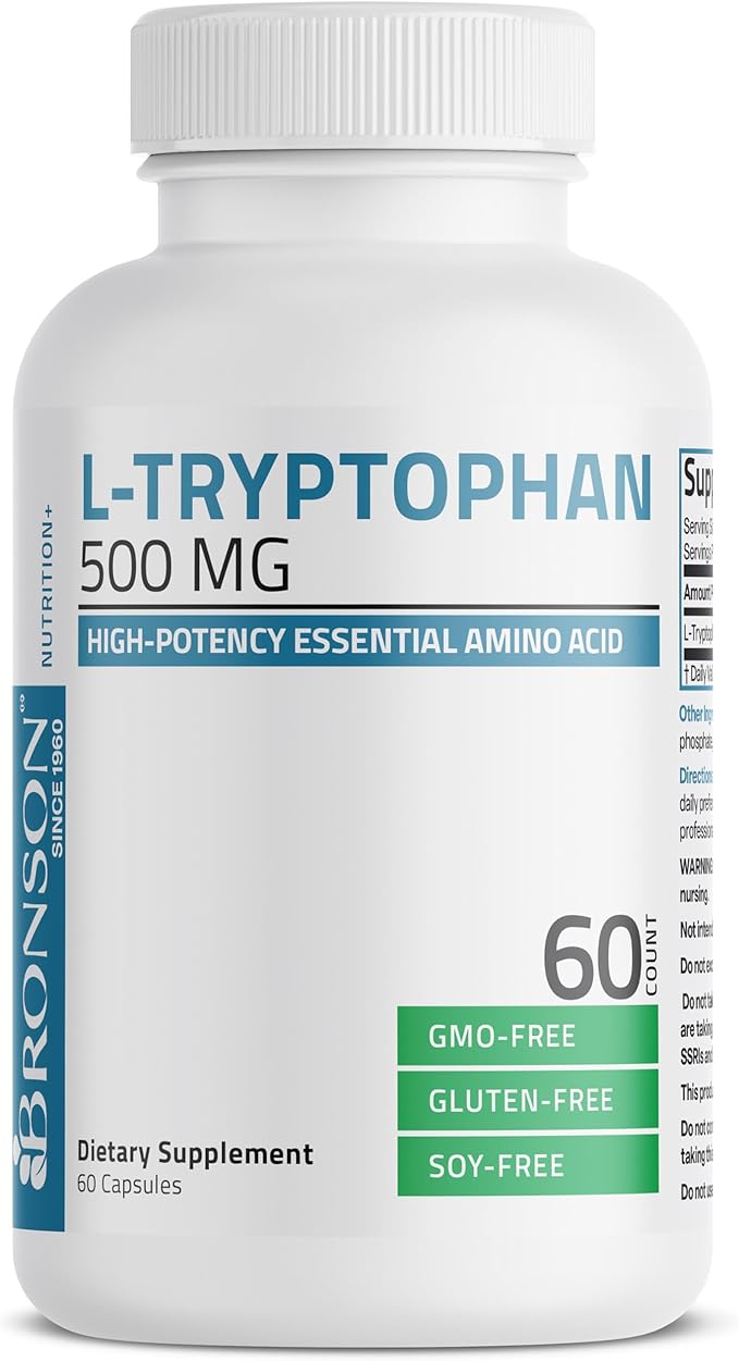 Bronson L-Tryptophan 500 MG High Potency Essential Amino Acid Supports Relaxation & Positive Mood Support Non-GMO, 60 Capsules