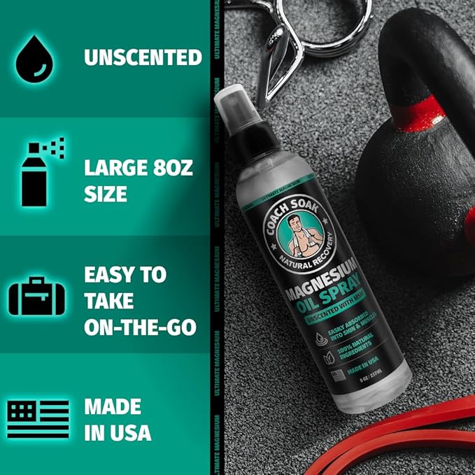 Coach Soak Magnesium Body Spray with MSM, Unscented, Extra Strength Magnesium Chloride, Pure Topical Magnesium Oil Spray for Feet & Body, Made in USA
