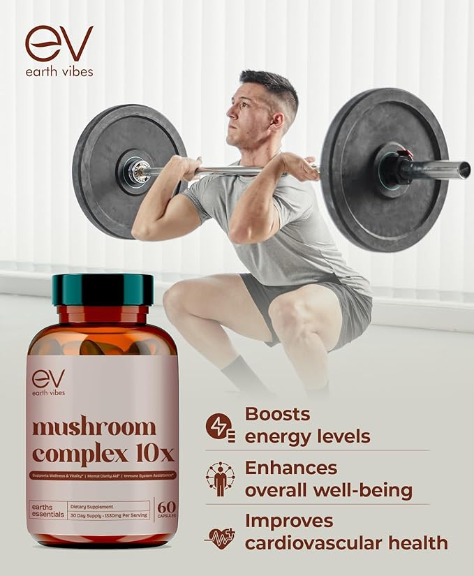 Earth Vibes 10-in-1 Mushroom Complex - 60 Vegan Capsules | Supports Immune Function & Cognitive Health | Includes Lion's Mane, Cordyceps, Reishi & Chaga | Improve Energy, Memory & Focus | Non-GMO