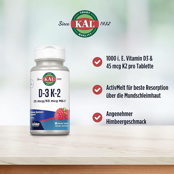 Kal 1000 Iu D-3 & K2 Tablets, Raspberry, 60 Count (Pack of 1)