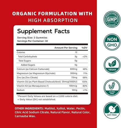 Calcium Magnesium Zinc Gummies with Vitamin D3 & K2 - High Potency Enhanced Absorption -60 Strawberry Gummies Flavored