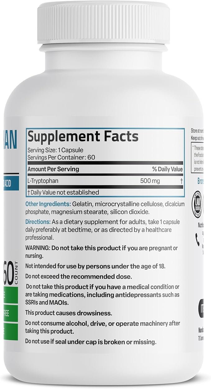 Bronson L-Tryptophan 500 MG High Potency Essential Amino Acid Supports Relaxation & Positive Mood Support Non-GMO, 60 Capsules