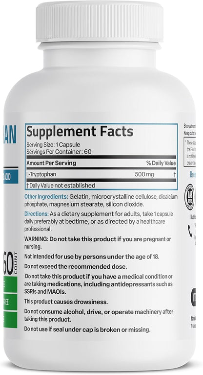 Bronson L-Tryptophan 500 MG High Potency Essential Amino Acid Supports Relaxation & Positive Mood Support Non-GMO, 60 Capsules