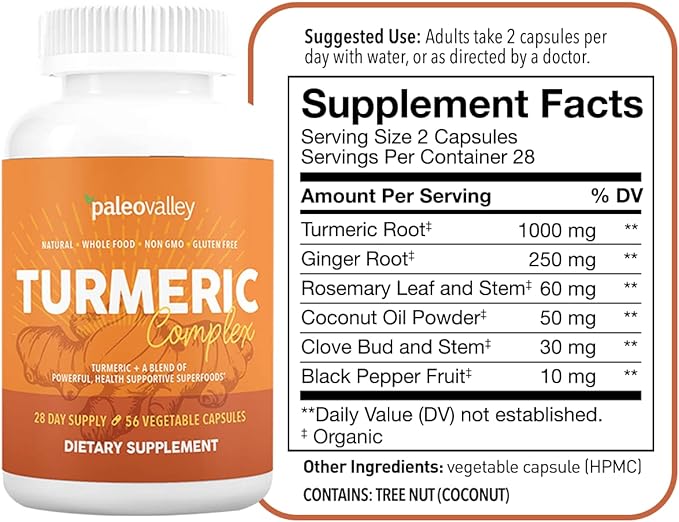 Paleovalley - Organic Turmeric Complex - Full Spectrum Organic Turmeric with Health-Supportive Superfoods - 56 Vegetarian Capsules - Support Joints, Immunity, Brain and Heart Health