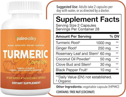 Paleovalley - Organic Turmeric Complex - Full Spectrum Organic Turmeric with Health-Supportive Superfoods - 56 Vegetarian Capsules - Support Joints, Immunity, Brain and Heart Health