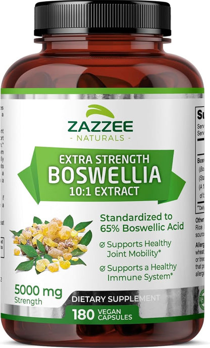 Zazzee Extra Strength Boswellia Serrata 10:1 Extract, 5000 mg Strength, 65% Boswellic Acid, 180 Vegan Capsules, 6 Month Supply, Standardized 10X High Potency, 100% Vegetarian, All-Natural, Non-GMO